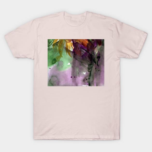 Abstract colorful background with watercolor wild flowers. Pink-violet-green painting with sunflowers. For the fabric, textile, wall decor, wallpapers, covers and packaging. T-Shirt by Olesya Pugach